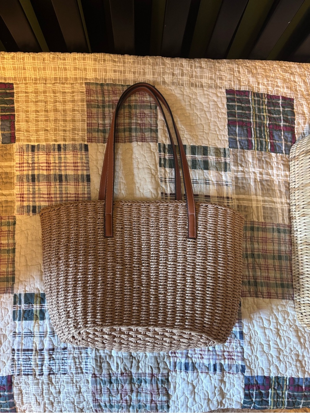 LOFT Woven Straw Tote with Brown Leather Handles